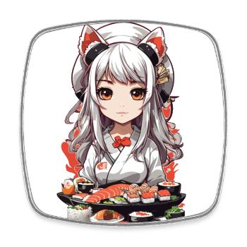 Kawaii Anime Sushi Master with Cat Ears - Square fridge magnet - white - Front