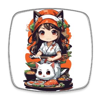 Kawaii Anime Sushi Kemomimi Master with Cat - Square fridge magnet - white - Front