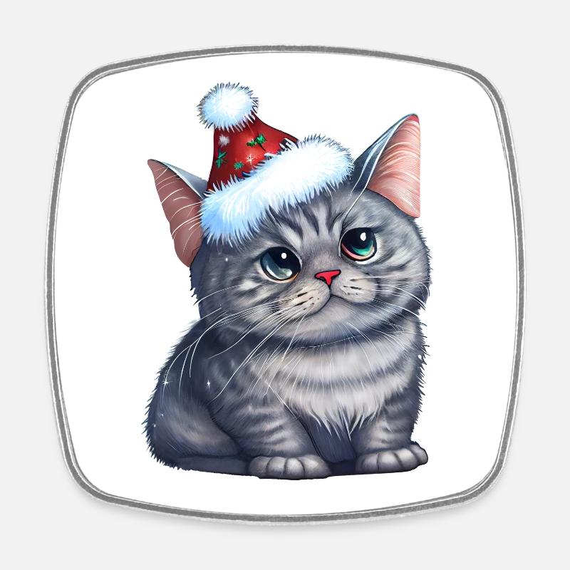 Chat de Noël, mignon et mignon avec une casquette - Magnet carré - blanc