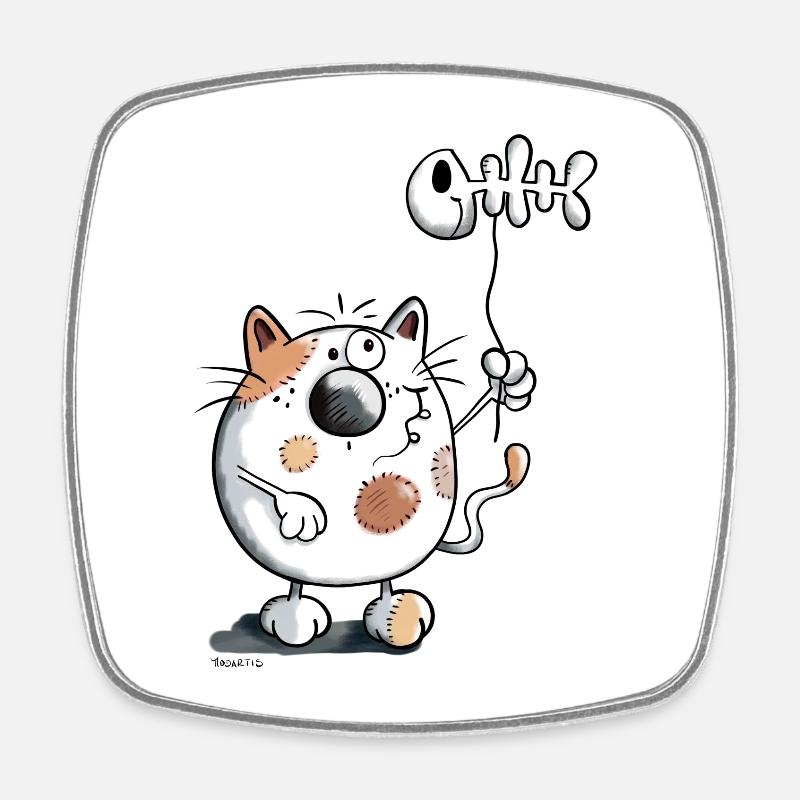Cat with a fish balloon - Square fridge magnet - white