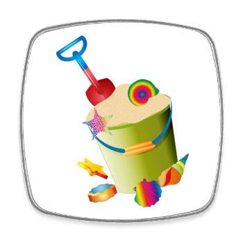Sand toys on the beach with colorful shells - Square fridge magnet - white - Front