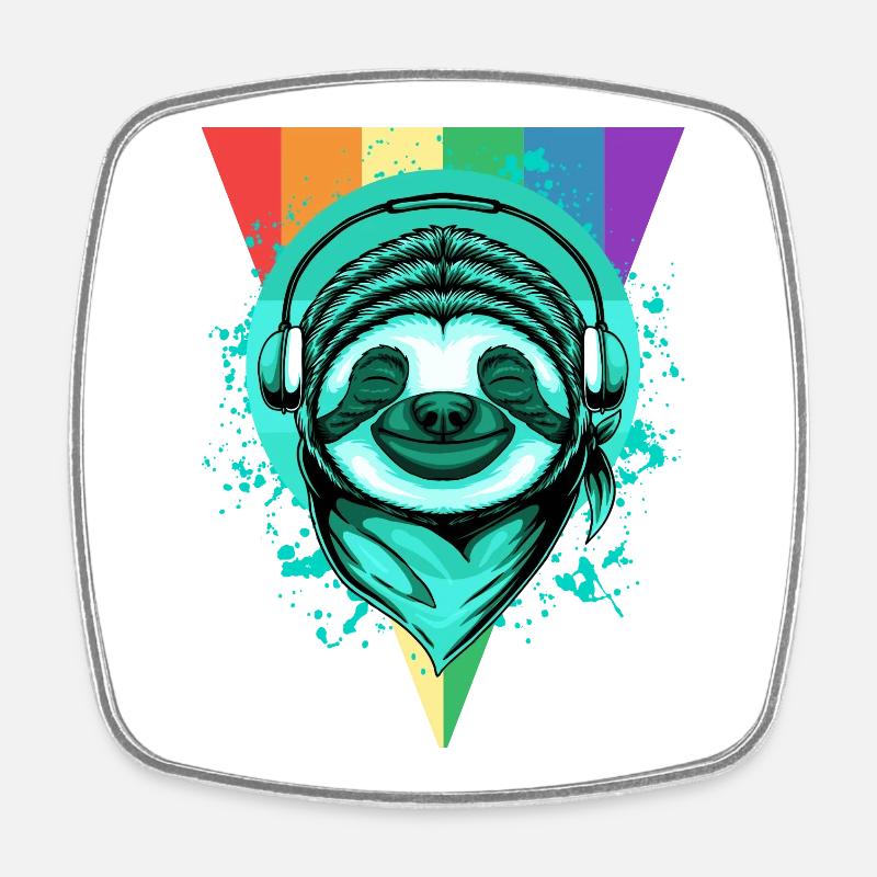 Faultier mit Kopfhörern & Regenbogen - Viereckiger Kühlschrankmagnet - Weiß