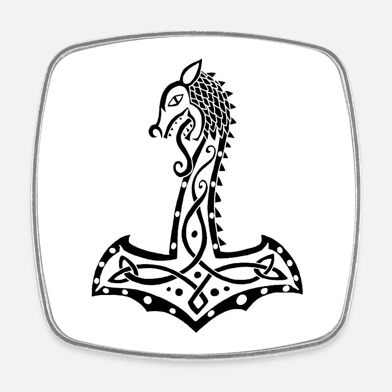 Loup noir et marteau de Thor - Magnet carré - blanc
