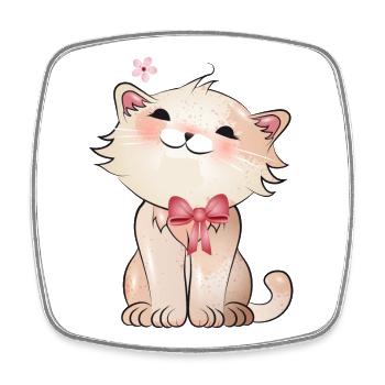 Chat mignon regardant une fleur de cerisier - Magnet carré - blanc - Devant