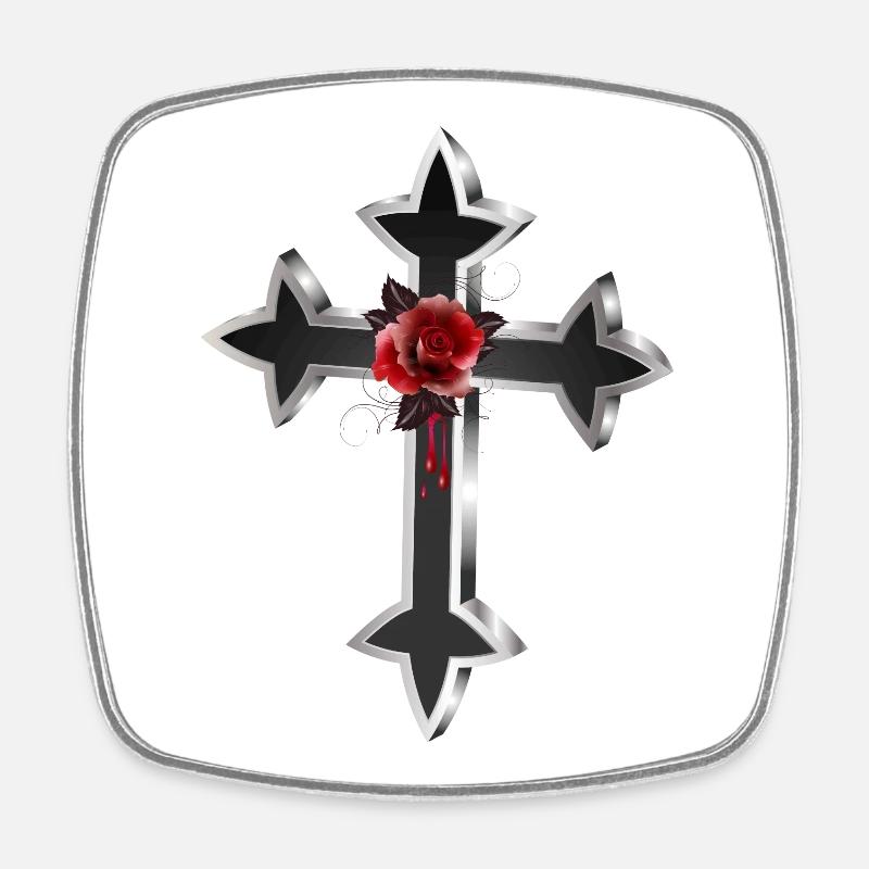 schwarz silberfarbenes Gothic Kreuz mit roter Rose - Viereckiger Kühlschrankmagnet - Weiß