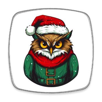 Hibou de Noël en pull vert - Magnet carré - blanc - Devant