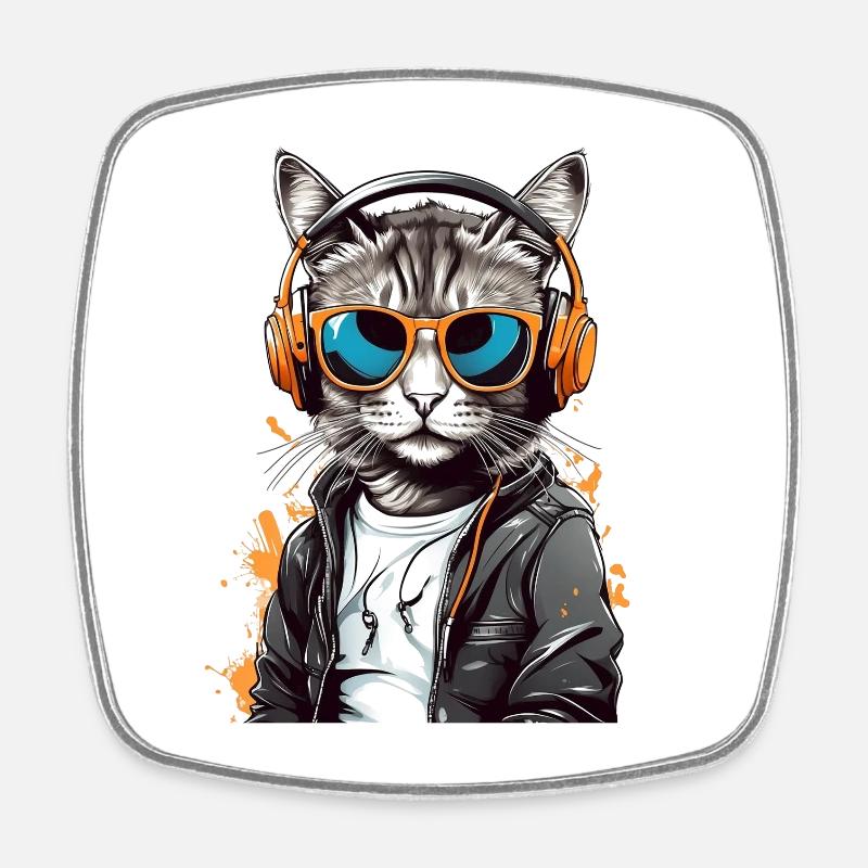 Cat DJ with headphones - Square fridge magnet - white