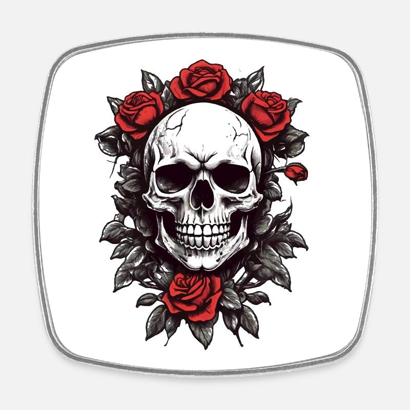 Crâne avec des roses rouges - Magnet carré - blanc