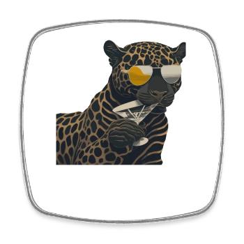 Cooler Leopard mit Sonnenbrille und Glas - Viereckiger Kühlschrankmagnet - Weiß - Vorne