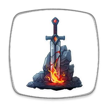 Mighty Fire Sword in a Stone Fantasy RPG - Square fridge magnet - white - Front