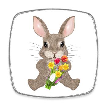 brown rabbit with spring flowers bouquet - Square fridge magnet - white - Front