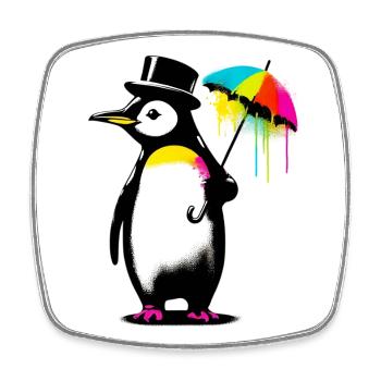 Pingouin avec chapeau et parapluie pour la pluie - Magnet carré - blanc - Devant