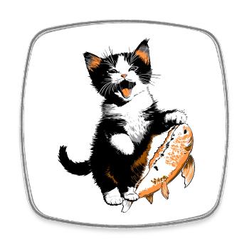 Kitten with Big Salmon – Kitty with Fish - Square fridge magnet - white - Front
