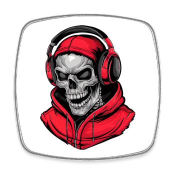 Totenkopf in Rot Kapuzenpullover mit Kopfhörern - Viereckiger Kühlschrankmagnet - Weiß - Vorne