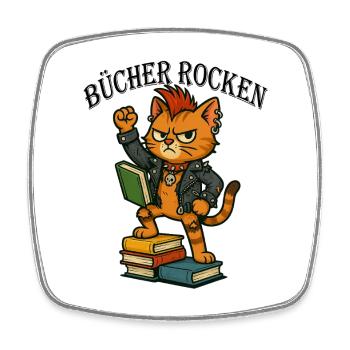 Punk-Katze: Bücher rocken! - Viereckiger Kühlschrankmagnet - Weiß - Vorne