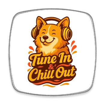 "Tune In & Chill Out" Happy Corgi mit Kopfhörern - Viereckiger Kühlschrankmagnet - Weiß - Vorne