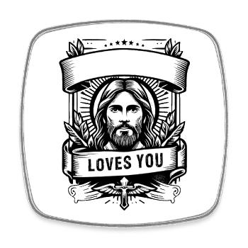Jésus vous aime avec l’arc - Magnet carré - blanc - Devant