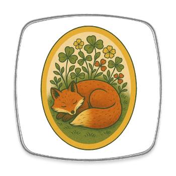Schlafender Fuchs inmitten vierblättriger Kleeblätter - Viereckiger Kühlschrankmagnet - Weiß - Vorne