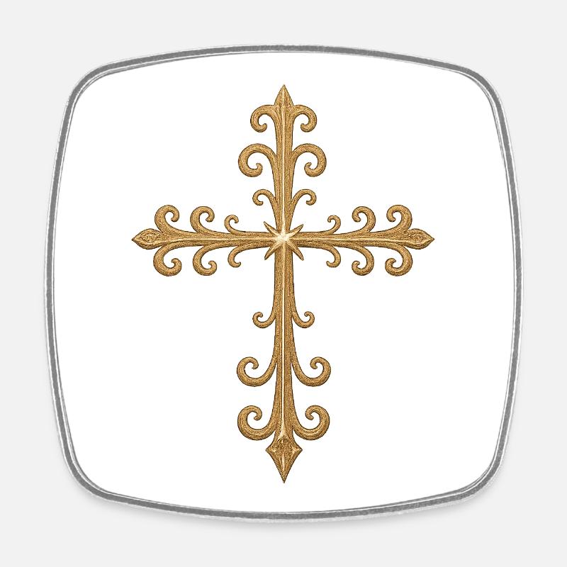 Croix en or décorée avec ornement élégant - Magnet carré - blanc