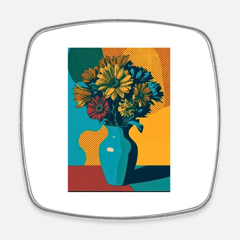 Pop Art Flowers on Blue Vase - Square fridge magnet - white