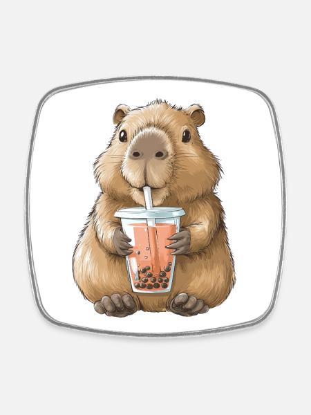Süßes Anime Capybara Bubble Tea Boba Tea  - Viereckiger Kühlschrankmagnet - Weiß