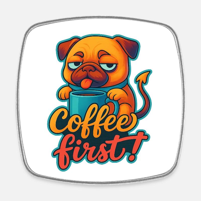 Tired dog with coffee cup - Square fridge magnet - white