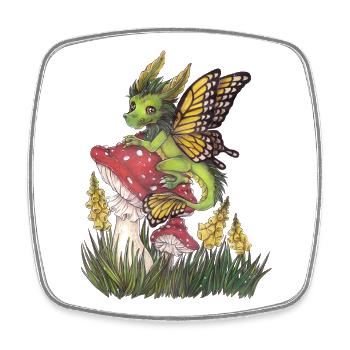 Dragon de la forêt sur champignon papillon mignon - Magnet carré - blanc - Devant