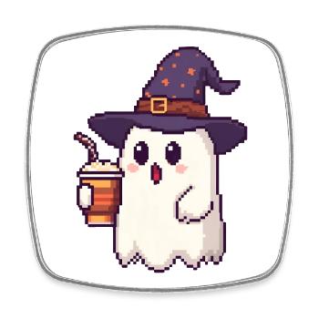 Pixel Geist mit Zauberhut & Pumpkin Spice Latte - Viereckiger Kühlschrankmagnet - Weiß - Vorne