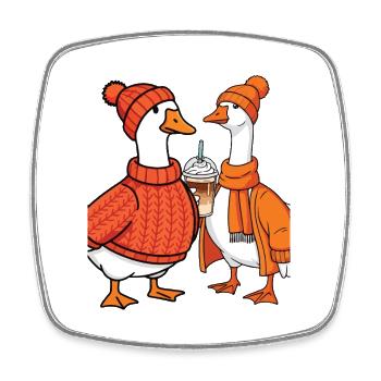 Oies d’automne douillettes avec du café – Animaux d’automne mignons - Magnet carré - blanc - Devant
