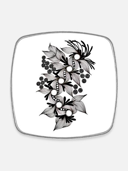 Black and White Flower Spiral - Square fridge magnet - white