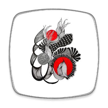 Monochrome flower circles with red - Square fridge magnet - white - Front