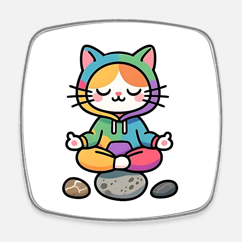 Chat Zen Arcenciel Méditatif - Magnet carré - blanc