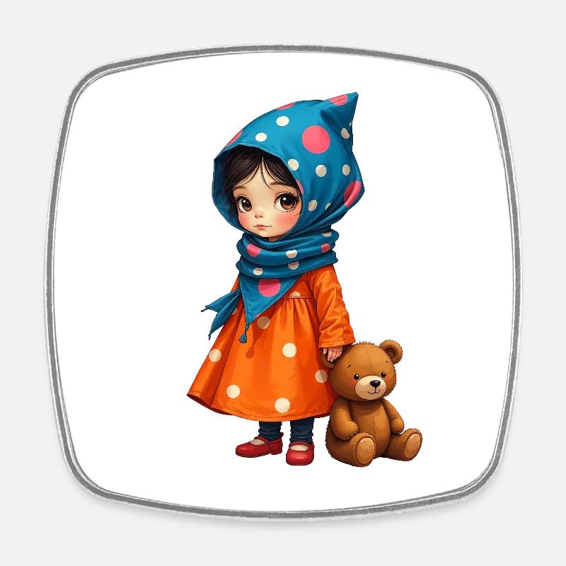Polka Dot Girl and Bear - Square fridge magnet - white