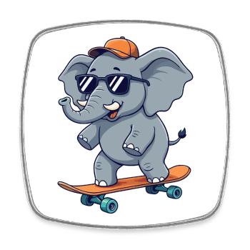 Funny Elephnat Skating on Skateboard Cartoon Skate - Square fridge magnet - white - Front