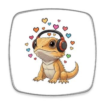 Niedlicher Gecko liebt Musik. Batagame Kopfhörer - Viereckiger Kühlschrankmagnet - Weiß - Vorne