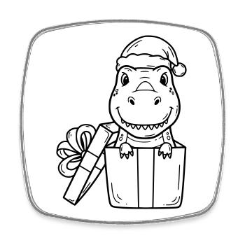 Happy Dino in Gift – Christmas Drawing - Square fridge magnet - white - Front
