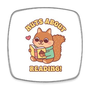 Süßes Eichhörnchen mit Buch-Nüssen über das Lesen von Wortspiel - Viereckiger Kühlschrankmagnet - Weiß - Vorne