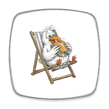 Gourmet seagull in a beach chair with fish sandwiches - Square fridge magnet - white - Front