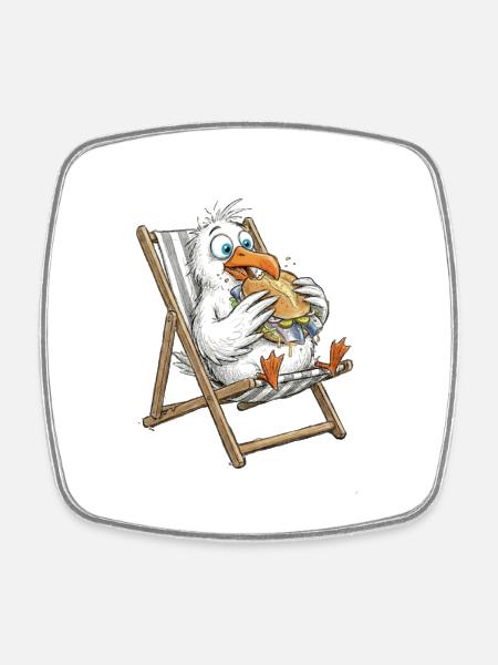 Gourmet seagull in a beach chair with fish sandwiches - Square fridge magnet - white