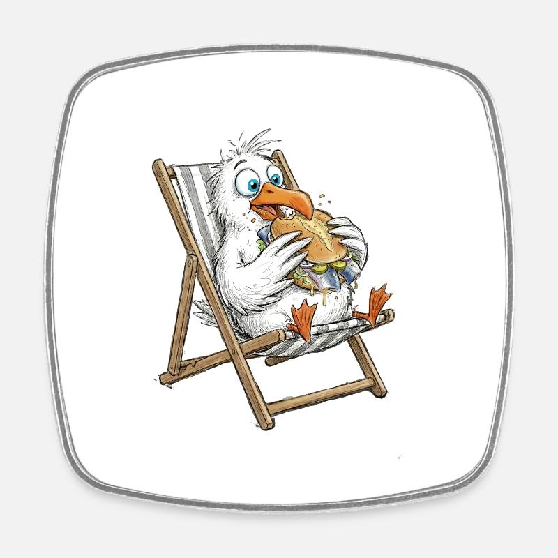 Gourmet seagull in a beach chair with fish sandwiches - Square fridge magnet - white