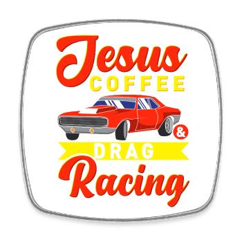 Jesus Coffee and Drag Racing Muscle Car Design - Square fridge magnet - white - Front