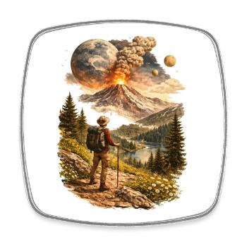 Hikers in front of erupting volcano and strange world - Square fridge magnet - white - Front