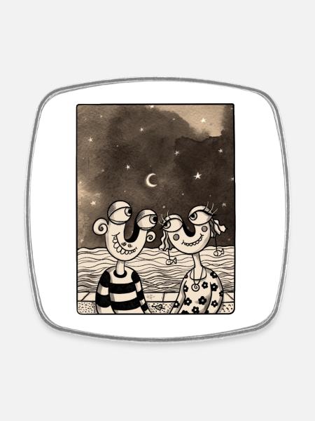 Moonlit Couple In Love by The sea - Square fridge magnet - white