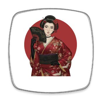 Geisha in red kimono with fan - Square fridge magnet - white - Front