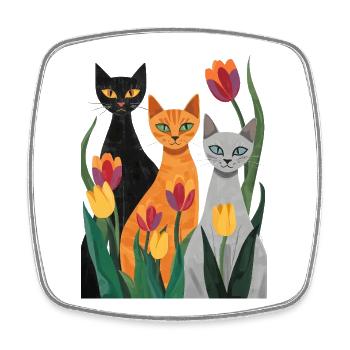 Trois chats stylisés : noir, gris, orange - Magnet carré - blanc - Devant