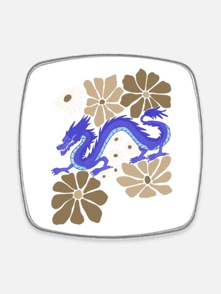 Dragon bleu floral - Magnet carré - blanc