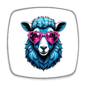 Blaues Schaf mit rosa Herzchenbrille - Viereckiger Kühlschrankmagnet - Weiß - Vorne
