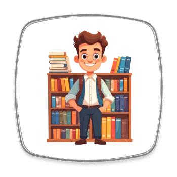 Librarian in front of a bookshelf - Square fridge magnet - white - Front