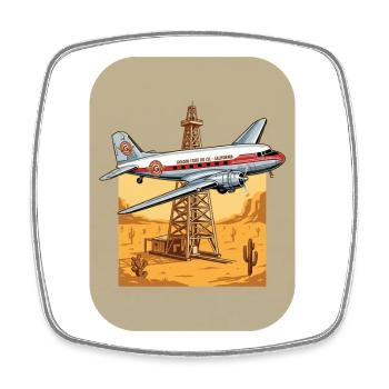 Avion vintage au-dessus du désert d’une plateforme pétrolière - Magnet carré - blanc - Devant