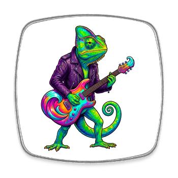 Caméléon en veste en cuir et guitare électrique néon - Magnet carré - blanc - Devant